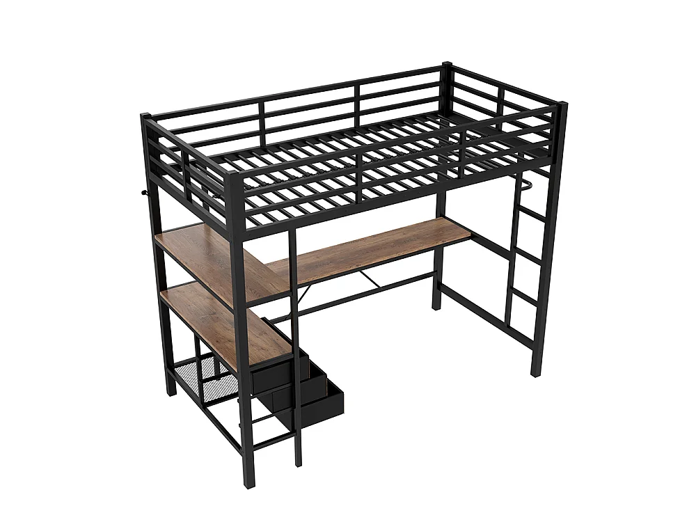 Lit mezzanine 90x200 cm - avec éclairage LED - Bureau en L - 3 tiroirs - ports USB - étagère - escalier - porte-manteau - noir