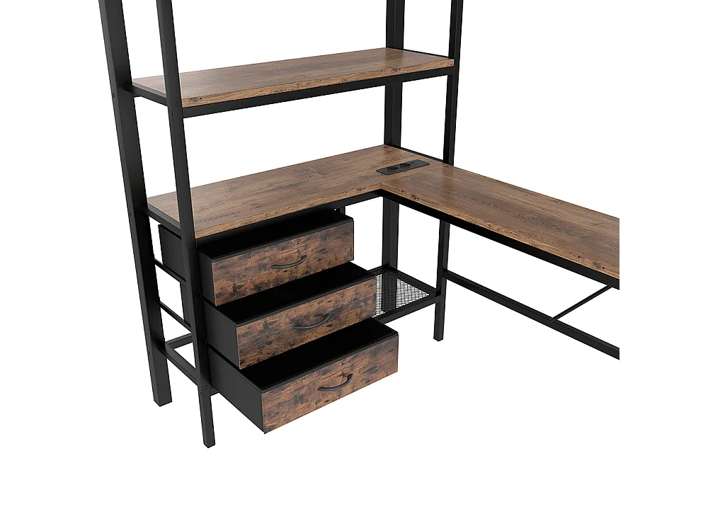 Lit mezzanine 90x200 cm - avec éclairage LED - Bureau en L - 3 tiroirs - ports USB - étagère - escalier - porte-manteau - noir