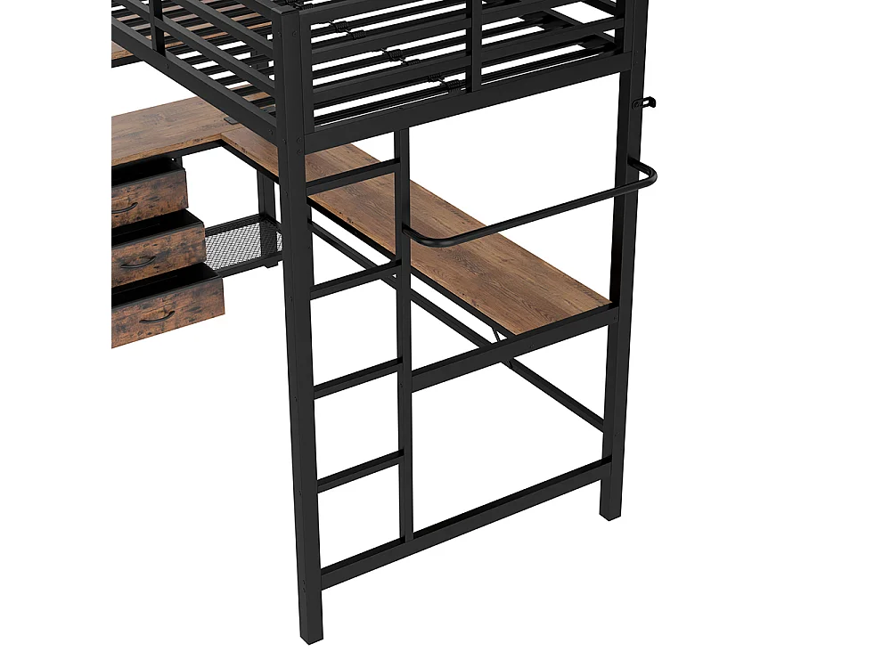 Lit mezzanine 90x200 cm - avec éclairage LED - Bureau en L - 3 tiroirs - ports USB - étagère - escalier - porte-manteau - noir