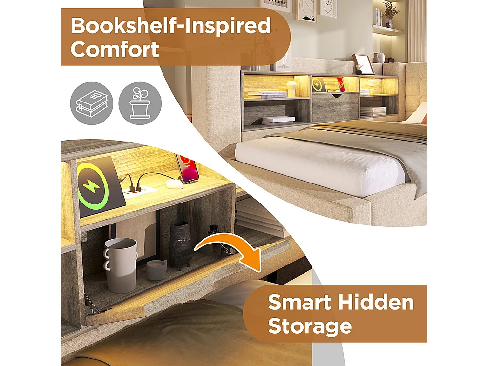 Canapé lit coffre 90 x 190 cm, éclairage LED et port USB-Type C, Tête de lit en L avec rangement, Sommier à lattes, Lin, Beige