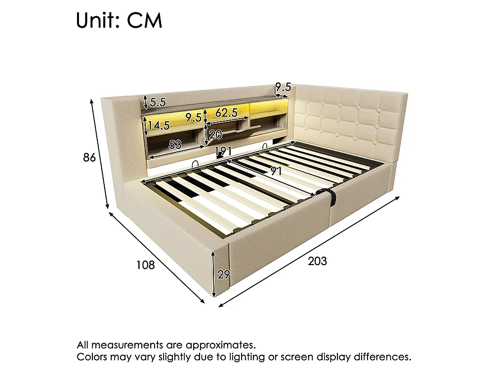 Canapé lit coffre 90 x 190 cm, éclairage LED et port USB-Type C, Tête de lit en L avec rangement, Sommier à lattes, Lin, Beige