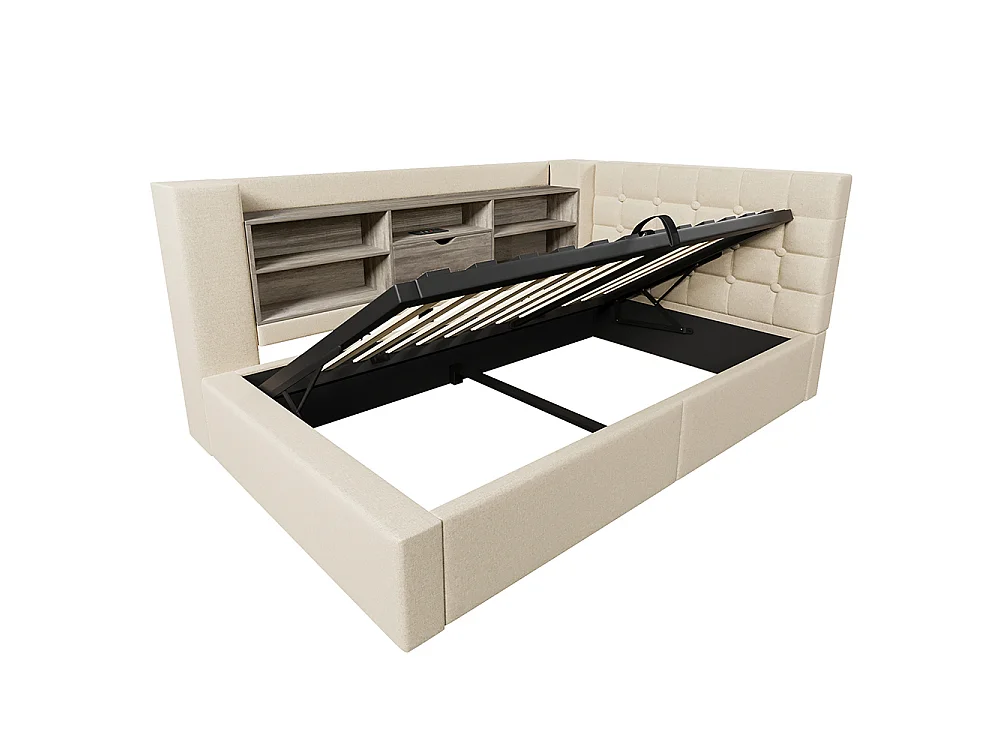 Canapé lit coffre 90 x 190 cm, éclairage LED et port USB-Type C, Tête de lit en L avec rangement, Sommier à lattes, Lin, Beige