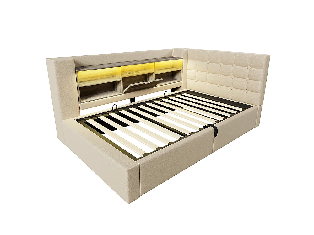Canapé lit coffre 90 x 190 cm, éclairage LED et port USB-Type C, Tête de lit en L avec rangement, Sommier à lattes, Lin, Beige