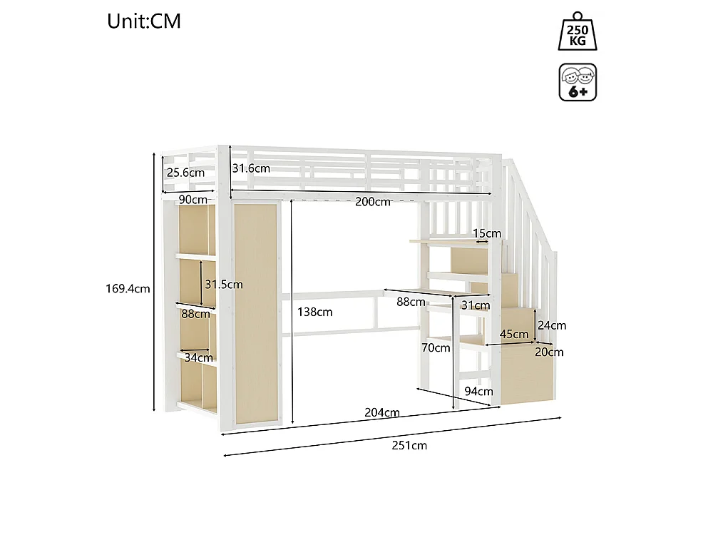 Lit mezzanine avec bureau et LED - 90x200 cm - Structure en fer - Compartiments de rangement - Barrières de sécurité - Blanc