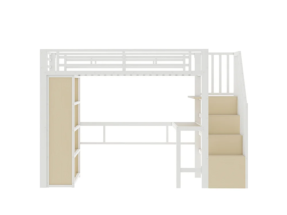 Lit mezzanine avec bureau et LED - 90x200 cm - Structure en fer - Compartiments de rangement - Barrières de sécurité - Blanc
