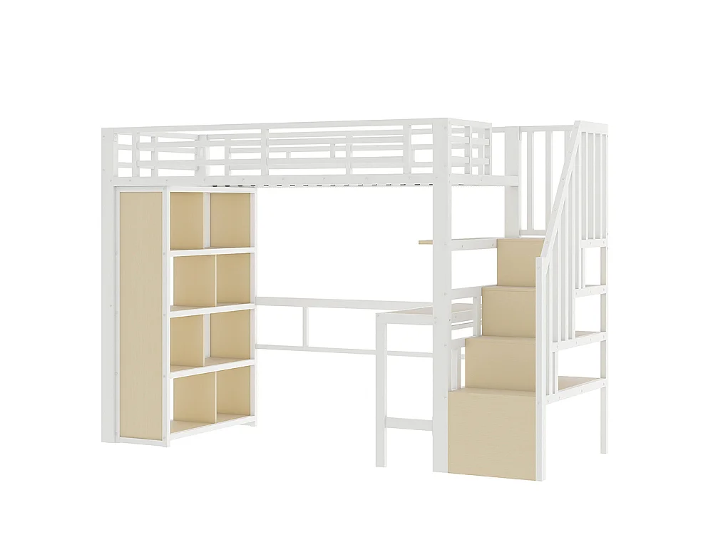 Lit mezzanine avec bureau et LED - 90x200 cm - Structure en fer - Compartiments de rangement - Barrières de sécurité - Blanc