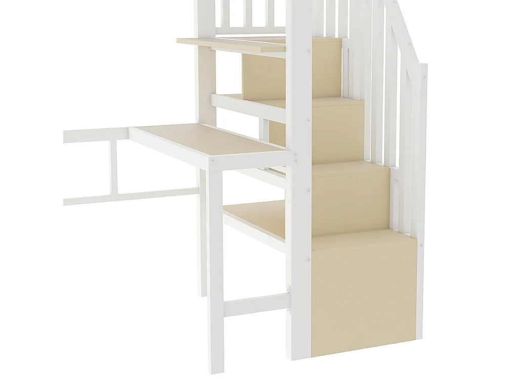 Lit mezzanine avec bureau et LED - 90x200 cm - Structure en fer - Compartiments de rangement - Barrières de sécurité - Blanc