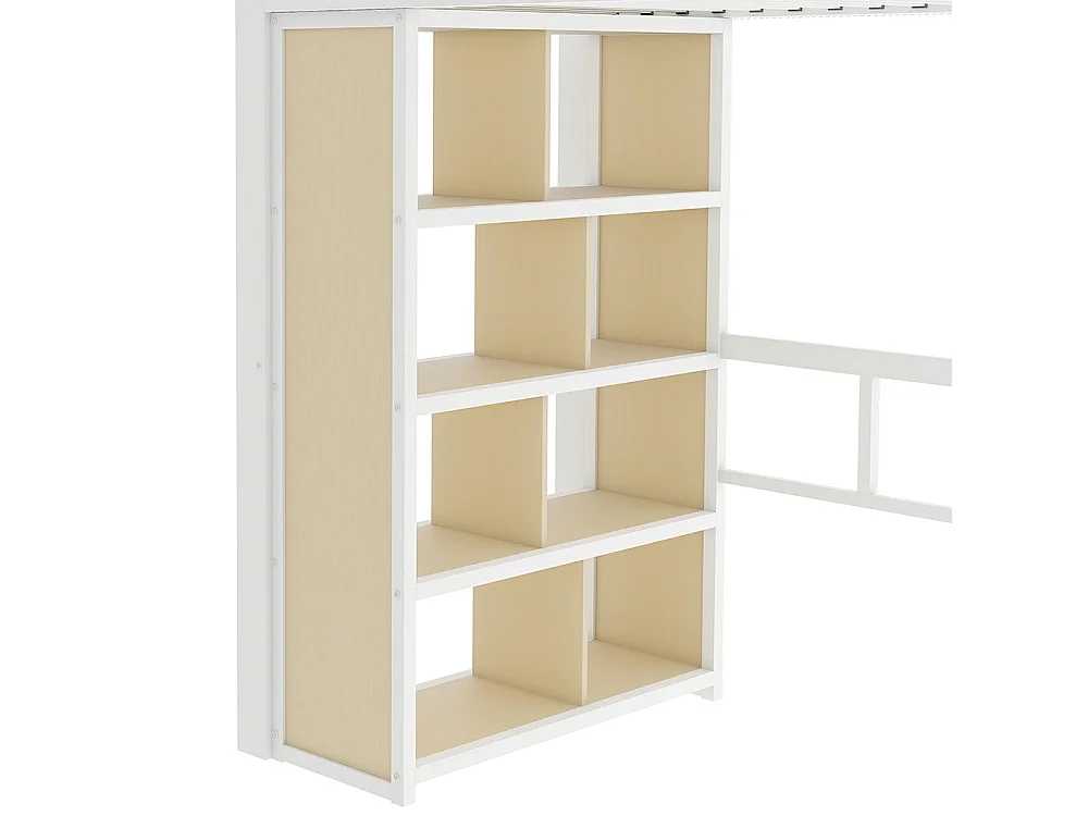 Lit mezzanine avec bureau et LED - 90x200 cm - Structure en fer - Compartiments de rangement - Barrières de sécurité - Blanc