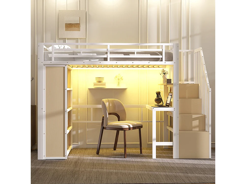 Lit mezzanine avec bureau et LED - 90x200 cm - Structure en fer - Compartiments de rangement - Barrières de sécurité - Blanc