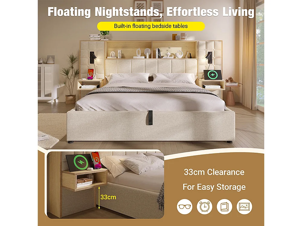 Lit coffre 160 x 200 cm avec éclairage LED et 2 lampes de lecture rotatives, 2 tables de chevet, USB Type-C, Tissu en lin, Sommier à lattes, Beige