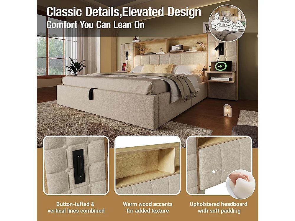 Lit coffre 160 x 200 cm avec éclairage LED et 2 lampes de lecture rotatives, 2 tables de chevet, USB Type-C, Tissu en lin, Sommier à lattes, Beige