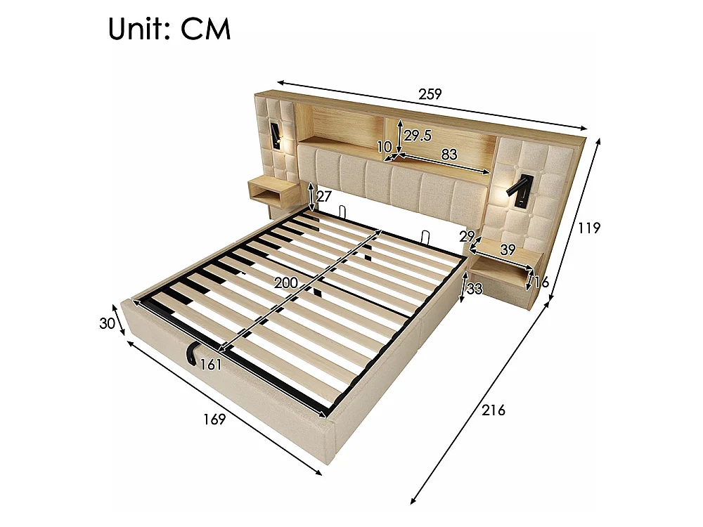 Lit coffre 160 x 200 cm avec éclairage LED et 2 lampes de lecture rotatives, 2 tables de chevet, USB Type-C, Tissu en lin, Sommier à lattes, Beige