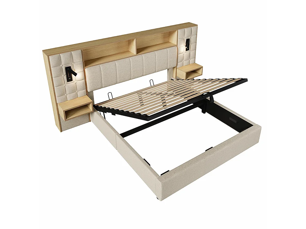 Lit coffre 160 x 200 cm avec éclairage LED et 2 lampes de lecture rotatives, 2 tables de chevet, USB Type-C, Tissu en lin, Sommier à lattes, Beige