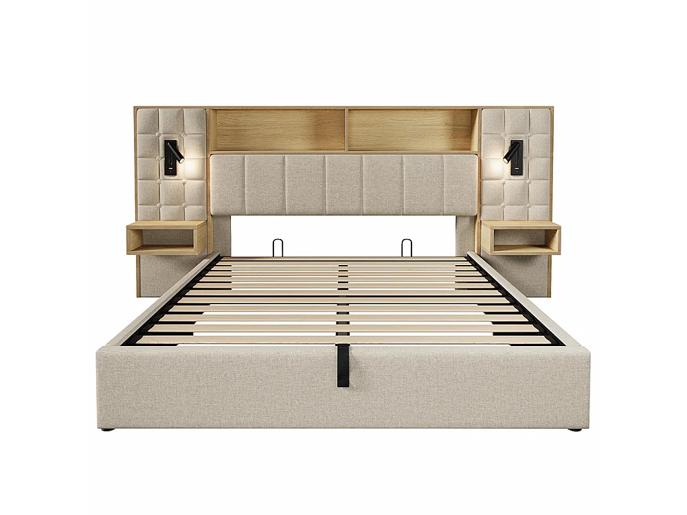 Lit coffre 160 x 200 cm avec éclairage LED et 2 lampes de lecture rotatives, 2 tables de chevet, USB Type-C, Tissu en lin, Sommier à lattes, Beige