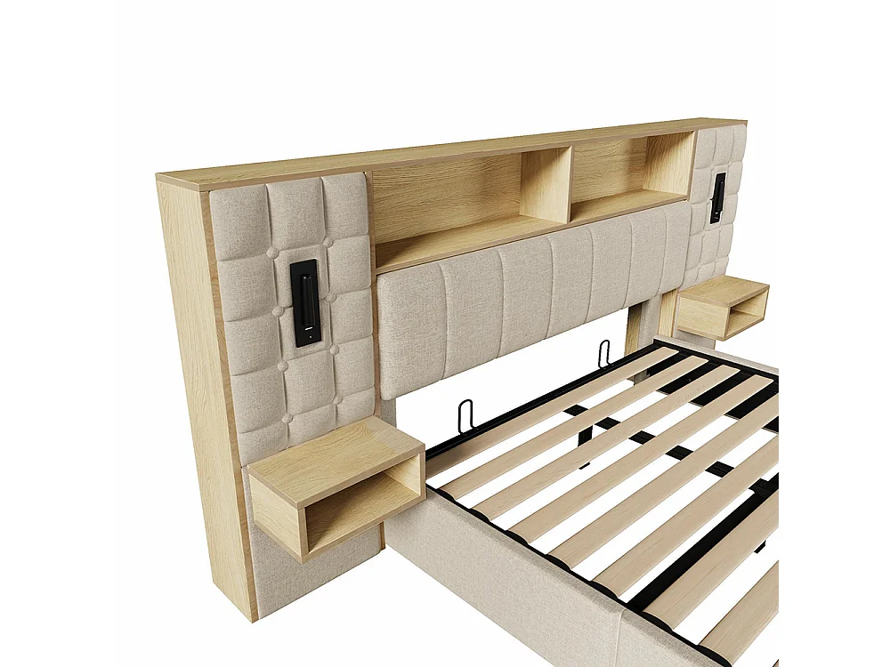 Lit coffre 160 x 200 cm avec éclairage LED et 2 lampes de lecture rotatives, 2 tables de chevet, USB Type-C, Tissu en lin, Sommier à lattes, Beige
