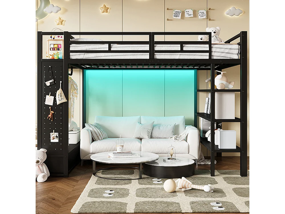 Lit mezzanine 140 x 200 cm en métal avec armoire ouverte, tiroirs, 3 étagères, panneau perforé et éclairage LED, noir