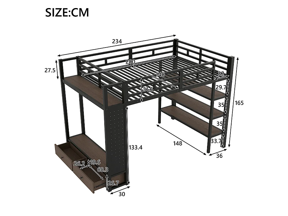 Lit mezzanine 140 x 200 cm en métal avec armoire ouverte, tiroirs, 3 étagères, panneau perforé et éclairage LED, noir