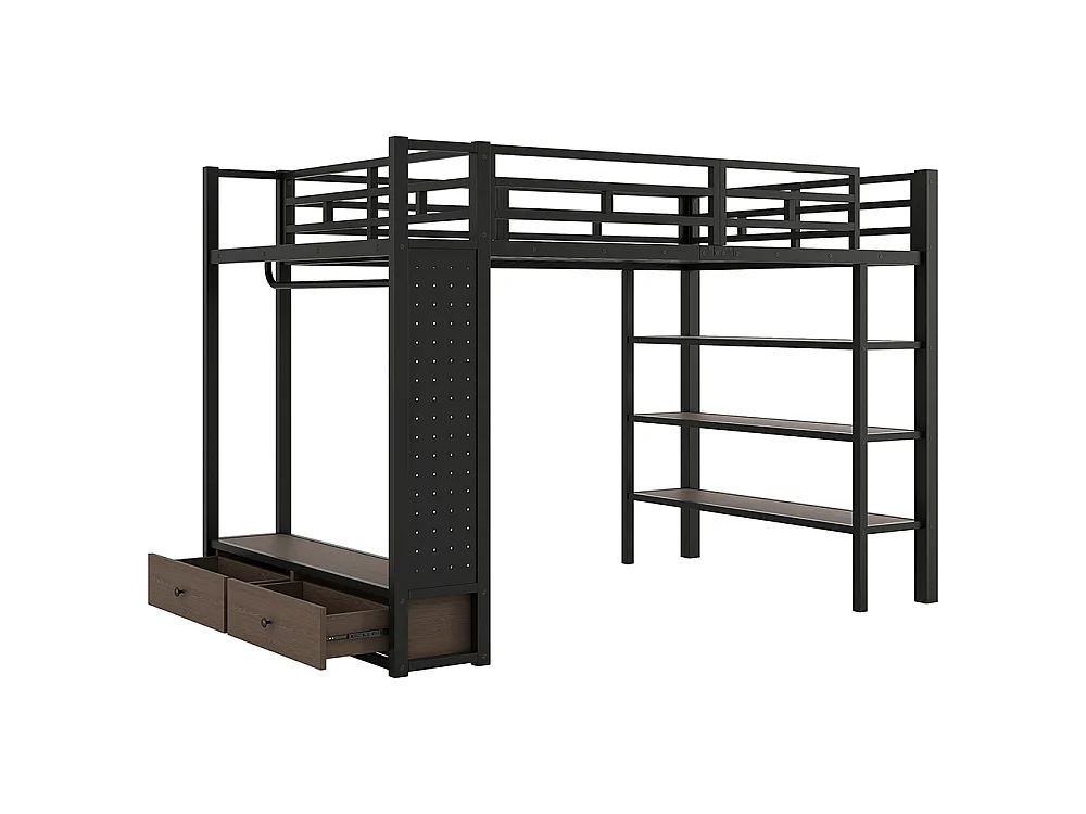 Lit mezzanine 140 x 200 cm en métal avec armoire ouverte, tiroirs, 3 étagères, panneau perforé et éclairage LED, noir