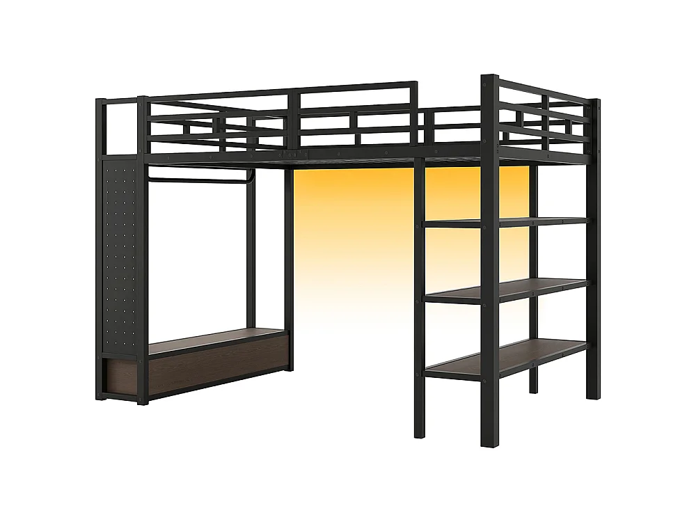 Lit mezzanine 140 x 200 cm en métal avec armoire ouverte, tiroirs, 3 étagères, panneau perforé et éclairage LED, noir
