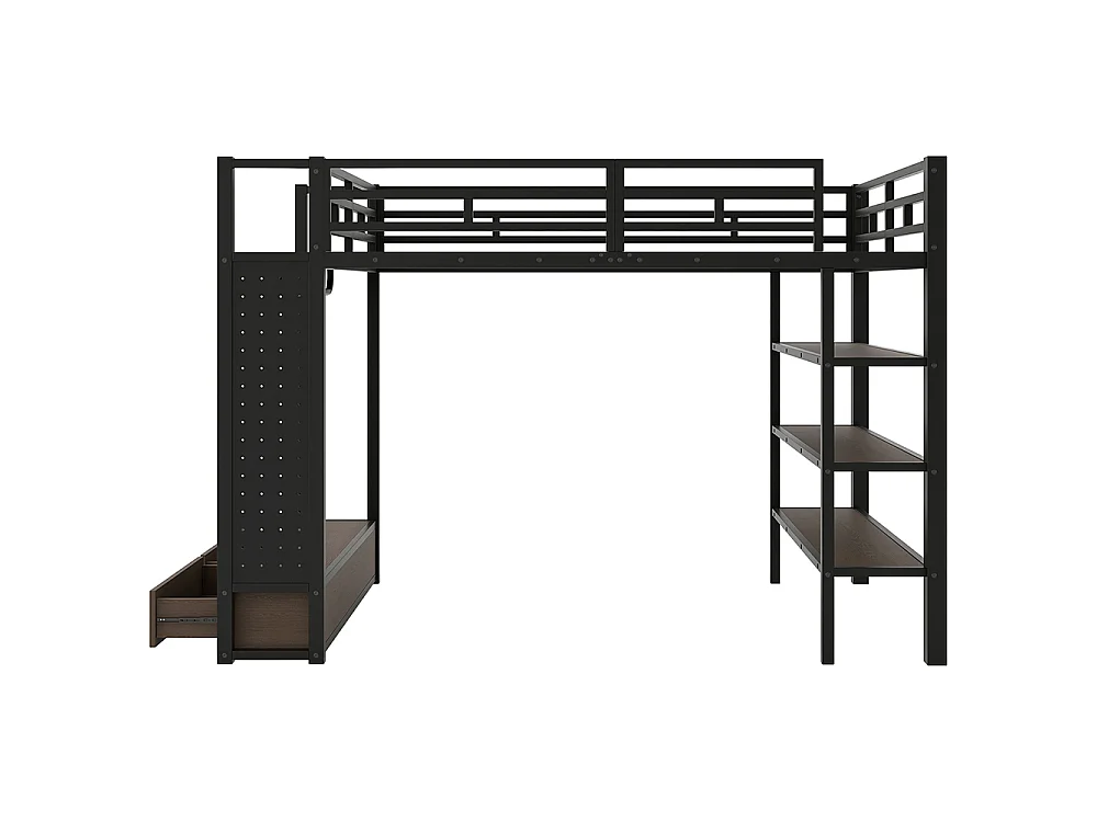 Lit mezzanine 140 x 200 cm en métal avec armoire ouverte, tiroirs, 3 étagères, panneau perforé et éclairage LED, noir