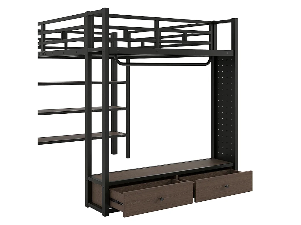Lit mezzanine 140 x 200 cm en métal avec armoire ouverte, tiroirs, 3 étagères, panneau perforé et éclairage LED, noir