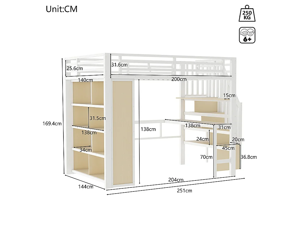 Lit mezzanine avec bureau et LED - 140x200 cm - Structure en fer - Compartiments de rangement - Barrières de sécurité - Blanc