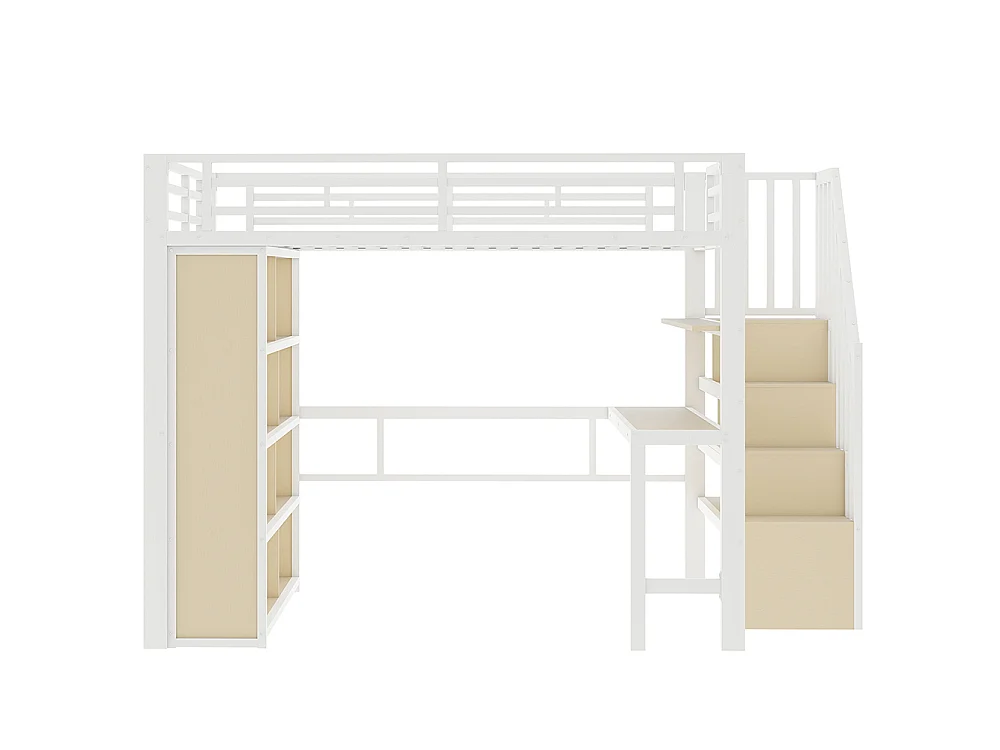 Lit mezzanine avec bureau et LED - 140x200 cm - Structure en fer - Compartiments de rangement - Barrières de sécurité - Blanc