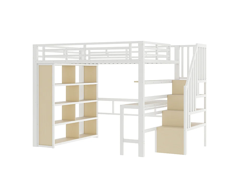 Lit mezzanine avec bureau et LED - 140x200 cm - Structure en fer - Compartiments de rangement - Barrières de sécurité - Blanc