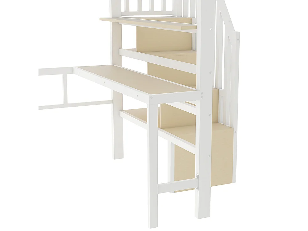 Lit mezzanine avec bureau et LED - 140x200 cm - Structure en fer - Compartiments de rangement - Barrières de sécurité - Blanc