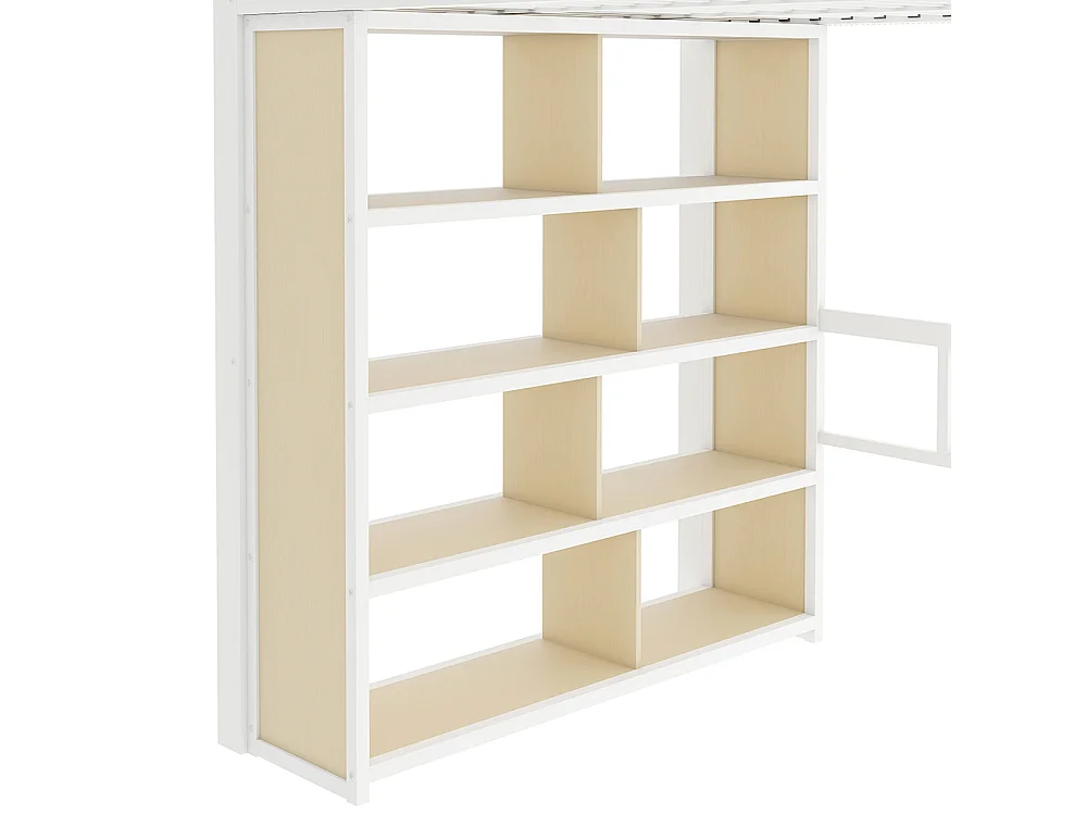 Lit mezzanine avec bureau et LED - 140x200 cm - Structure en fer - Compartiments de rangement - Barrières de sécurité - Blanc
