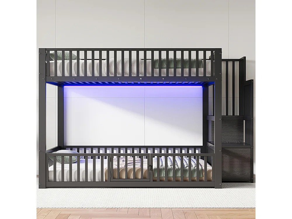 Lit mezzanine 140x200 cm, Lit superposé enfant avec escalier de rangement, Lumières LED, Protection anti-chute et porte, Métal, Noir