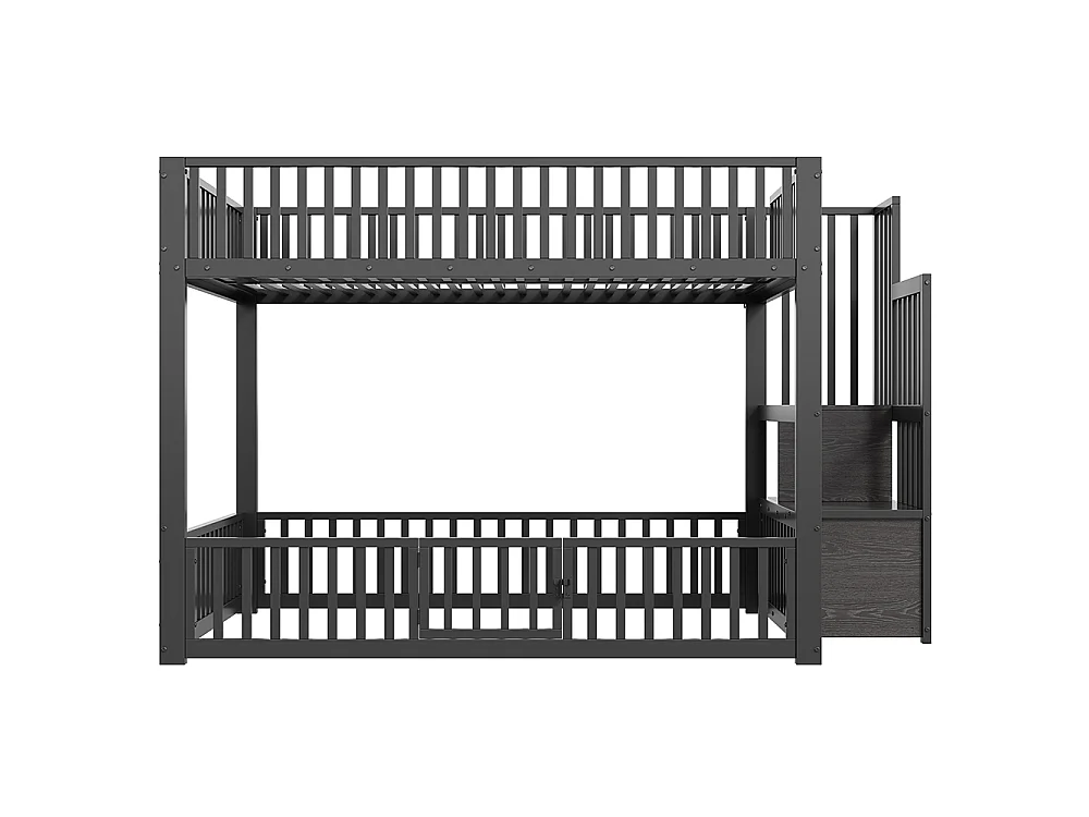 Lit mezzanine 140x200 cm, Lit superposé enfant avec escalier de rangement, Lumières LED, Protection anti-chute et porte, Métal, Noir