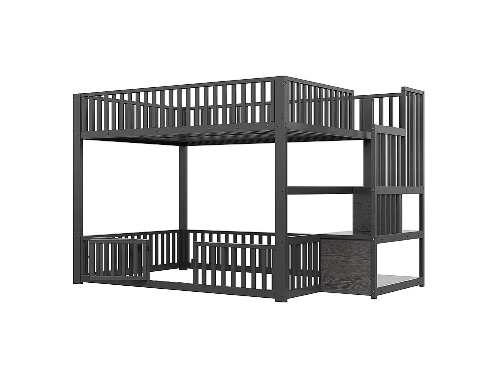 Lit mezzanine 140x200 cm, Lit superposé enfant avec escalier de rangement, Lumières LED, Protection anti-chute et porte, Métal, Noir