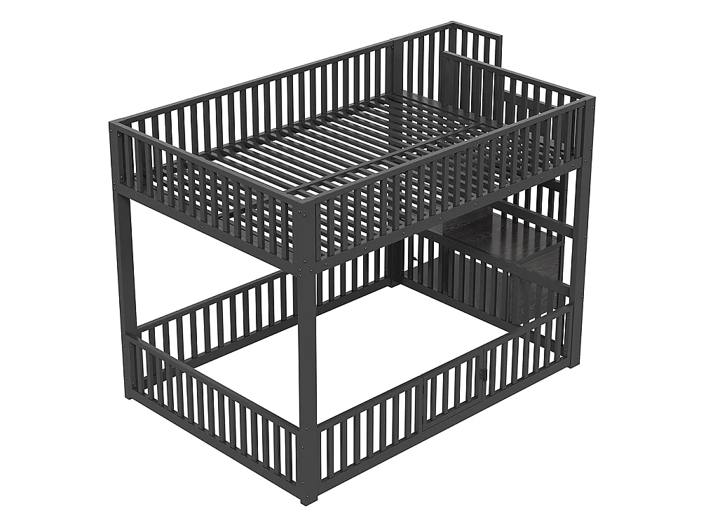 Lit mezzanine 140x200 cm, Lit superposé enfant avec escalier de rangement, Lumières LED, Protection anti-chute et porte, Métal, Noir