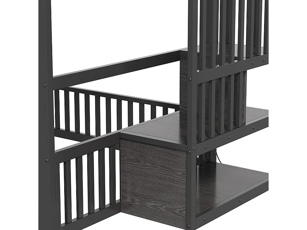 Lit mezzanine 140x200 cm, Lit superposé enfant avec escalier de rangement, Lumières LED, Protection anti-chute et porte, Métal, Noir
