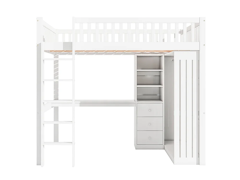 Lit Mezzanine 2 Place 140x200cm avec Bureau, Armoire, 3 tiroirs et rangement ouvert, Design de clôture haute, Cadre de lit en pin, Blanc