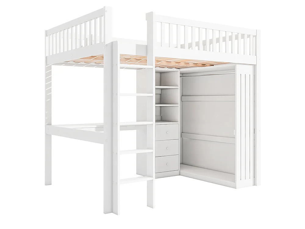 Lit Mezzanine 2 Place 140x200cm avec Bureau, Armoire, 3 tiroirs et rangement ouvert, Design de clôture haute, Cadre de lit en pin, Blanc