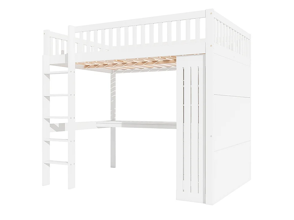 Lit Mezzanine 2 Place 140x200cm avec Bureau, Armoire, 3 tiroirs et rangement ouvert, Design de clôture haute, Cadre de lit en pin, Blanc