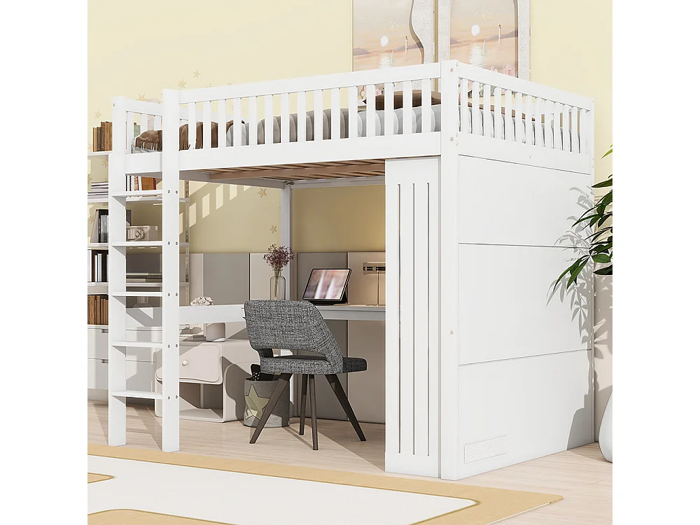 Lit Mezzanine 2 Place 140x200cm avec Bureau, Armoire, 3 tiroirs et rangement ouvert, Design de clôture haute, Cadre de lit en pin, Blanc