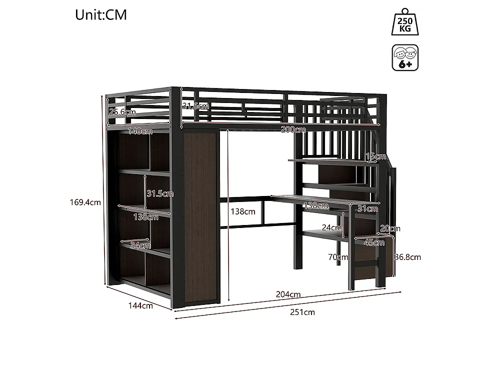 Lit mezzanine avec bureau et LED - 140x200 cm - Structure en fer - Compartiments de rangement - Barrières de sécurité - Noir