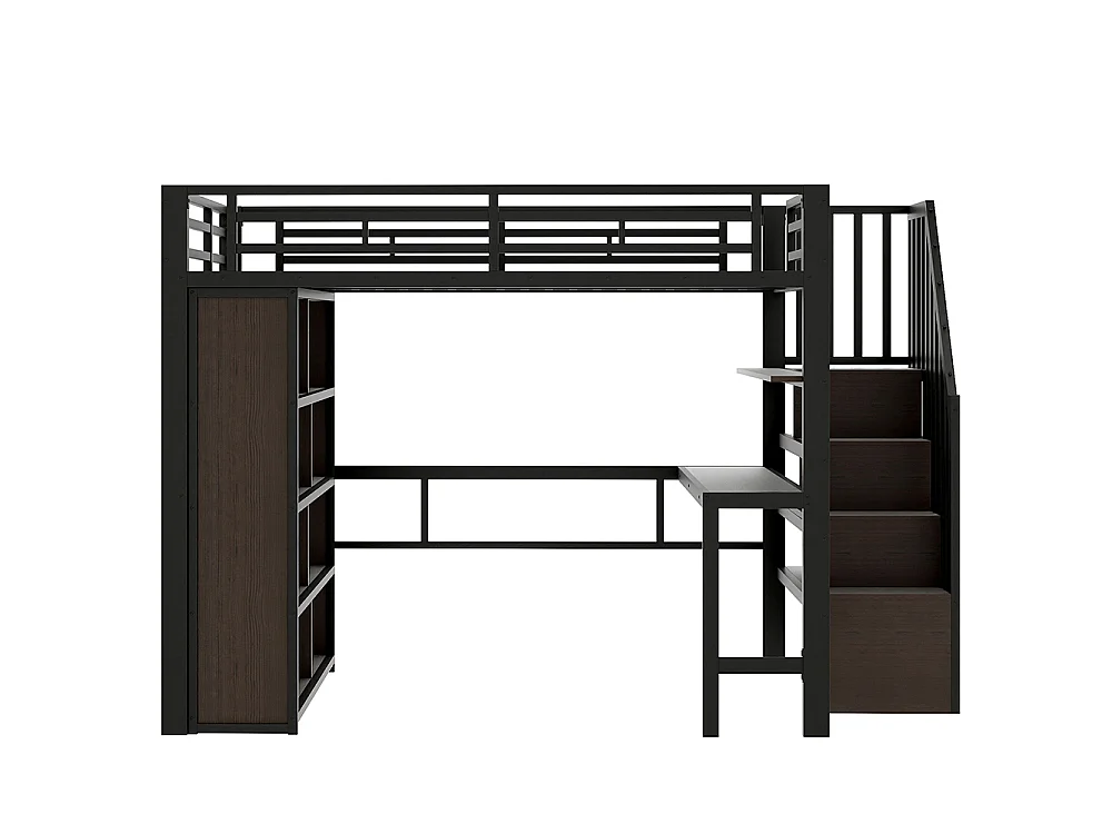 Lit mezzanine avec bureau et LED - 140x200 cm - Structure en fer - Compartiments de rangement - Barrières de sécurité - Noir