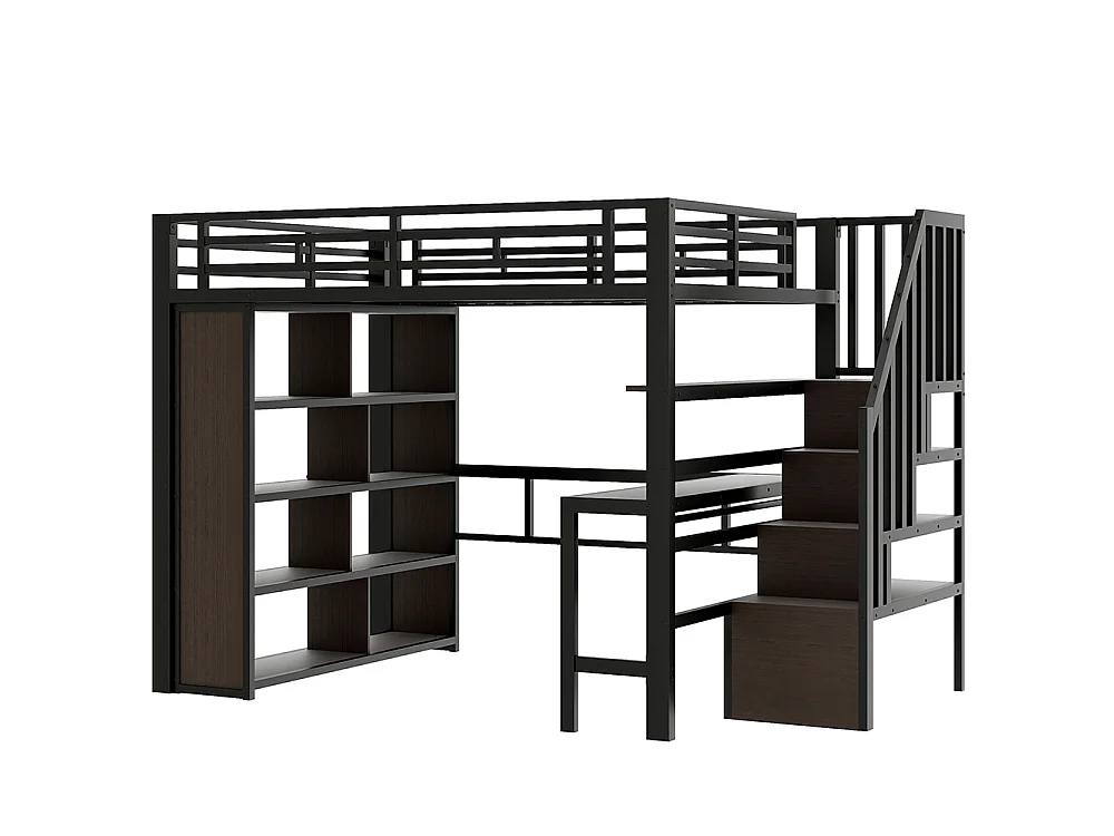 Lit mezzanine avec bureau et LED - 140x200 cm - Structure en fer - Compartiments de rangement - Barrières de sécurité - Noir