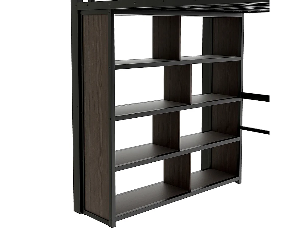 Lit mezzanine avec bureau et LED - 140x200 cm - Structure en fer - Compartiments de rangement - Barrières de sécurité - Noir