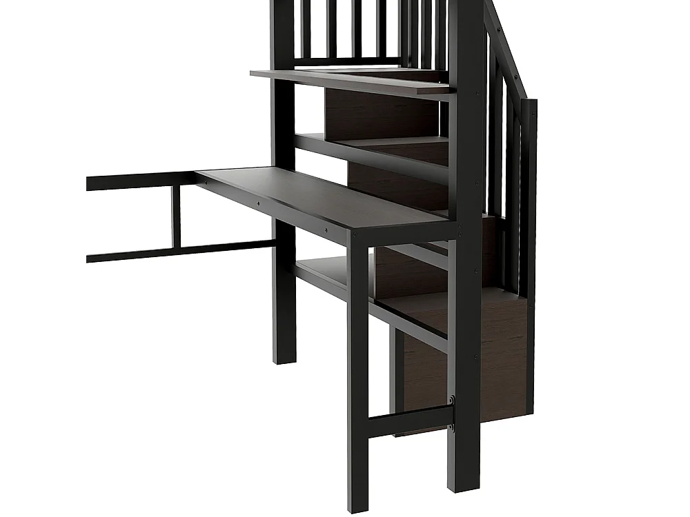 Lit mezzanine avec bureau et LED - 140x200 cm - Structure en fer - Compartiments de rangement - Barrières de sécurité - Noir