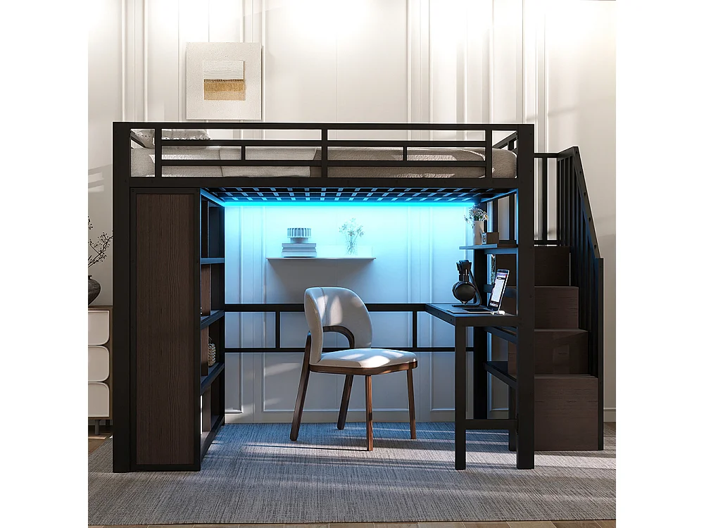 Lit mezzanine avec bureau et LED - 140x200 cm - Structure en fer - Compartiments de rangement - Barrières de sécurité - Noir