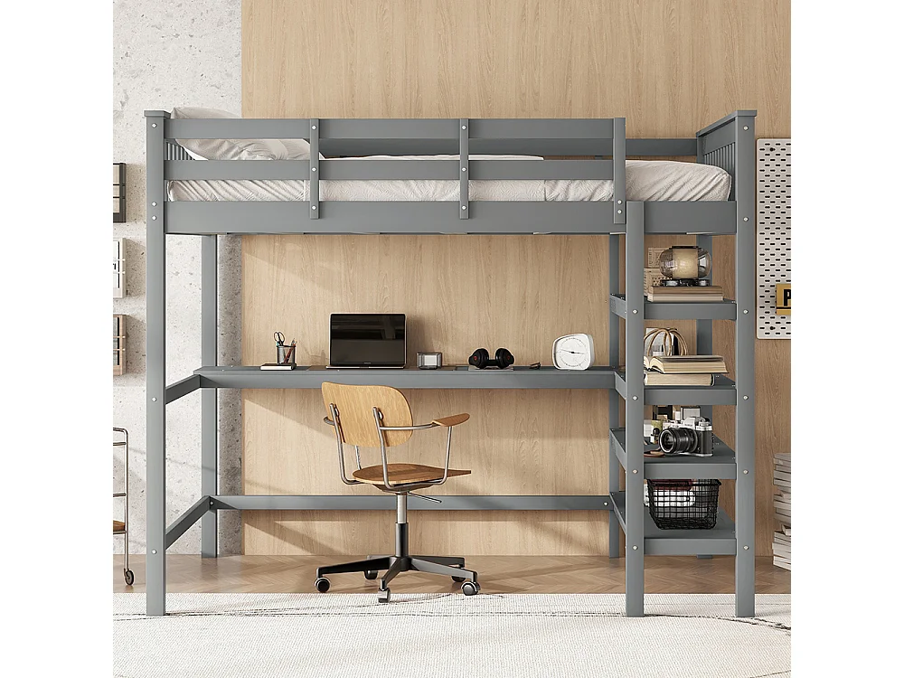 Lit mezzanine enfant 140 x 200 cm avec bureau - étagère de rangement - bois massif de pin - gris