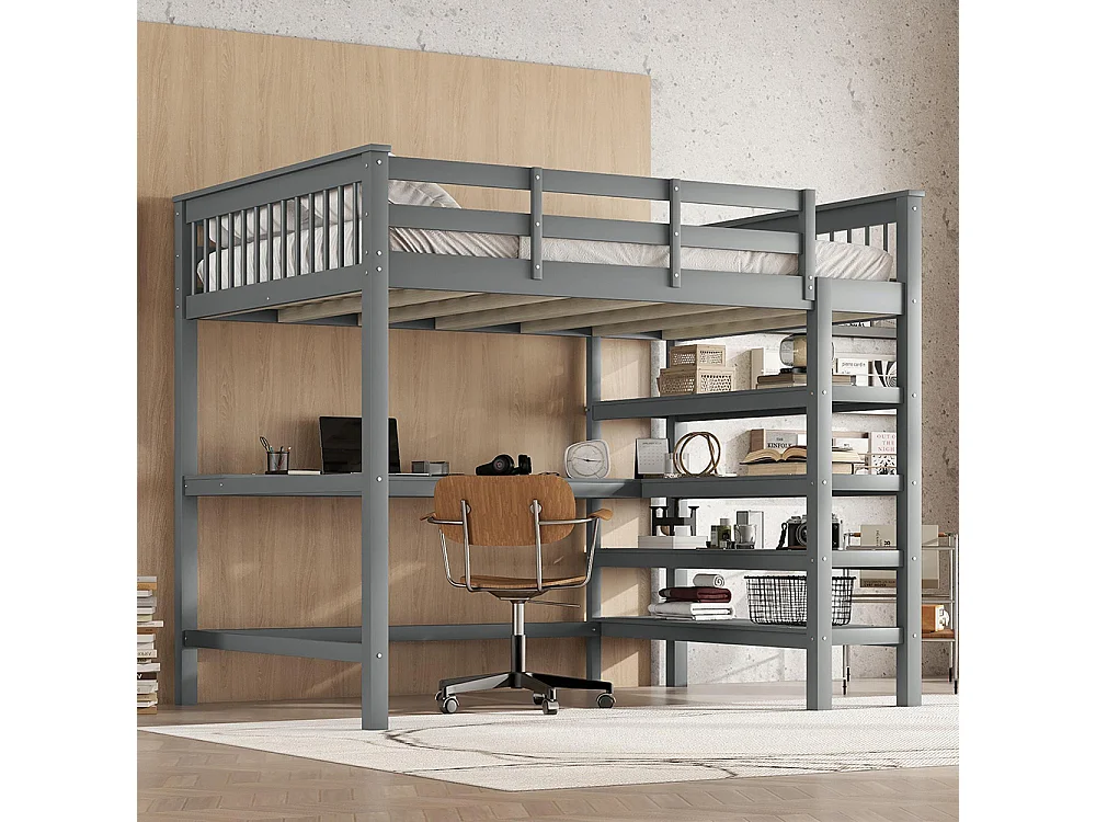 Lit mezzanine enfant 140 x 200 cm avec bureau - étagère de rangement - bois massif de pin - gris