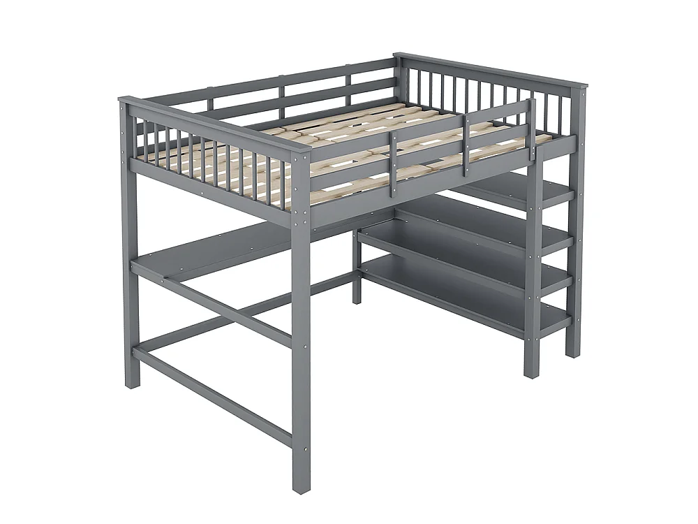 Lit mezzanine enfant 140 x 200 cm avec bureau - étagère de rangement - bois massif de pin - gris