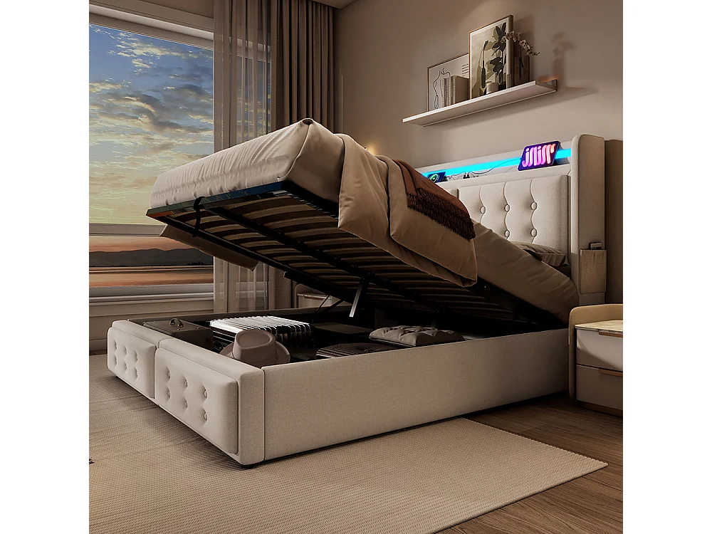 Lit Coffre 180 x 200 cm - avec LED et port USB-C - Tête de lit capitonné avec étagères ouvertes - Sommier à lattes - Beige - Coton