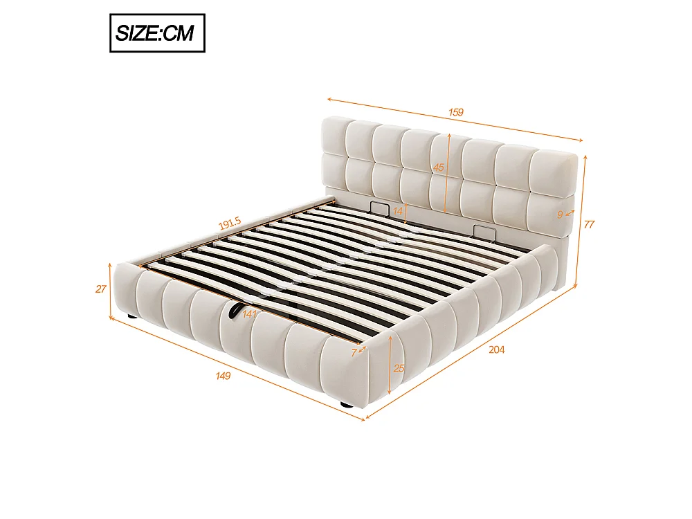 Lit coffre 140x190 cm, Lit Bulle avec sommier à Lattes, Tête de lit rembourrée, Cadre de lit Bas, Tissu velours, Beige